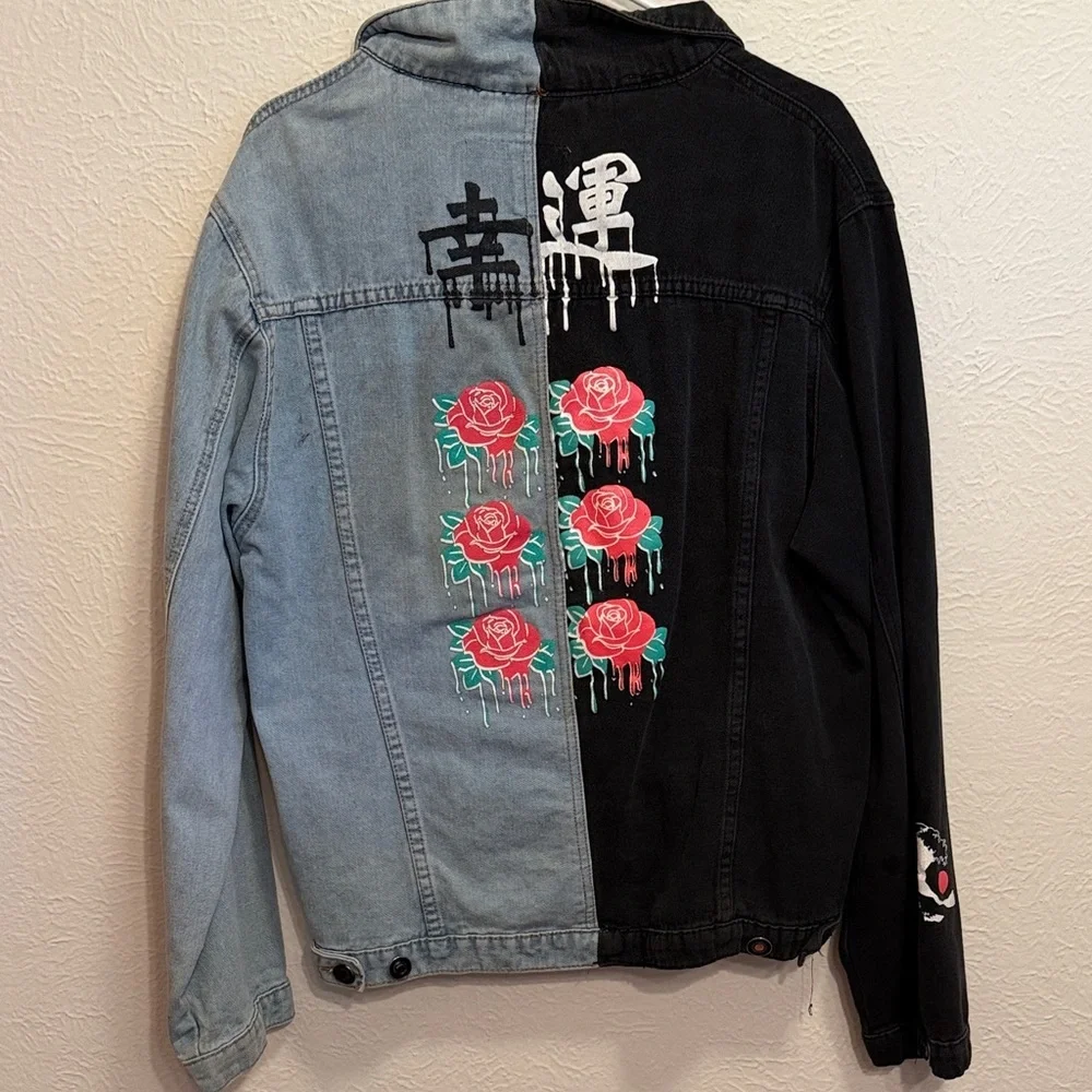 ☯️☯️☯️BOGOHO ☯️☯️☯️Two-Tone Denim Jacket with Graphic Details - Picture 13 of 16